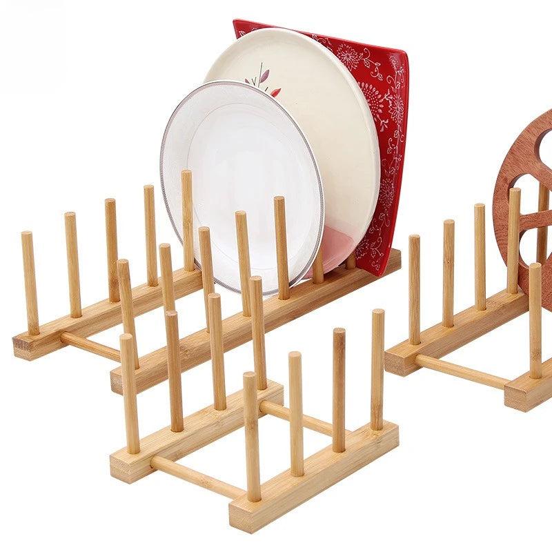 Kitchen Dish Drain Rack Wooden Display Stand Drainer Holder Drying Bowl Holder Simple Pot Lid Shelf Dinnerware Storage Organizer