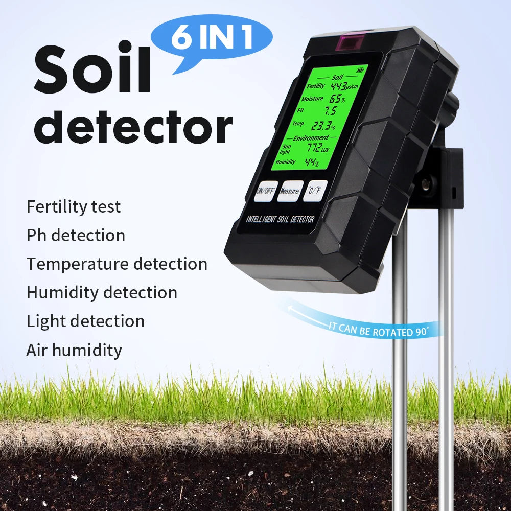 6 in 1 Digital Soil Tester Multifunctional Soil PH Detector Moisture Fertility pH Temperature Humidity Light Meter for Garden