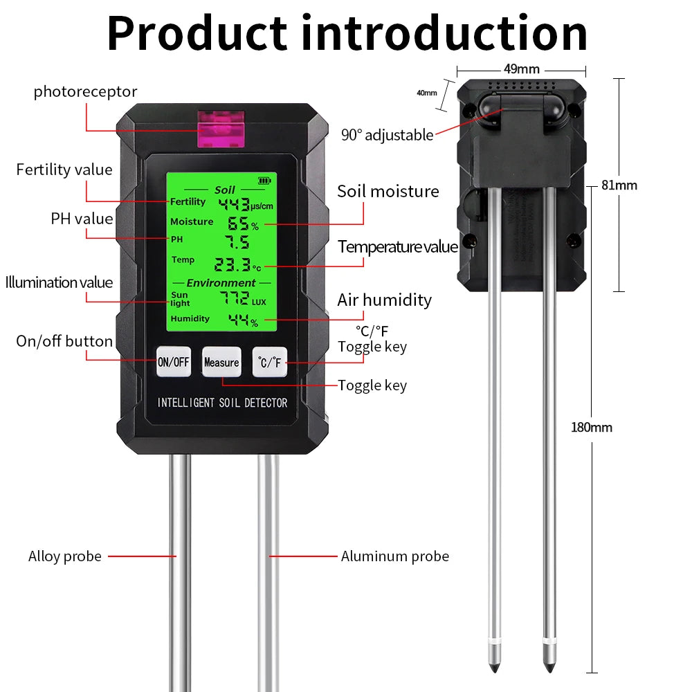 6 in 1 Digital Soil Tester Multifunctional Soil PH Detector Moisture Fertility pH Temperature Humidity Light Meter for Garden